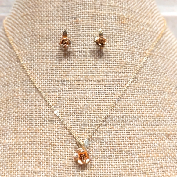 4 for $50 Fashion Jewelry Set Necklace Earrings Rose Gold Roses with Gold Leaves - Picture 1 of 7